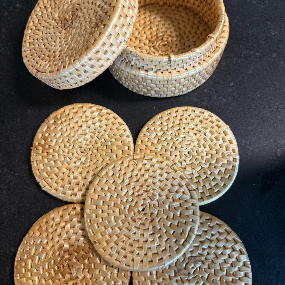 Vintage Woven Basket Coaster Set - Natural Tan